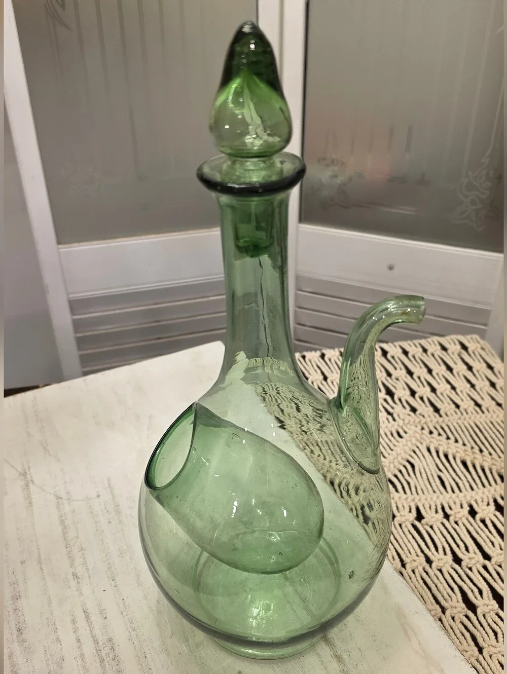 Vtg Italian Green Glass Wine Decanter Ice Chamber Chiller Spout MCM Stopper 14”